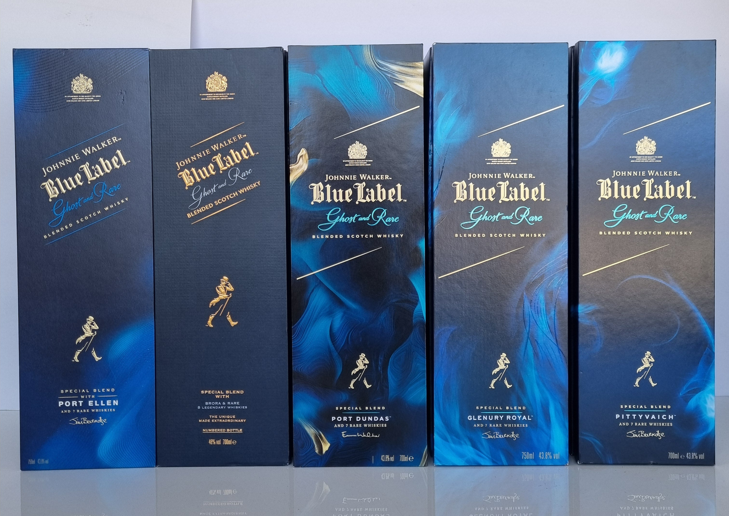 JOHNNIE WALKER BLUE LABEL GHOST AND RARE EDITION set of 5 bottles 75CL