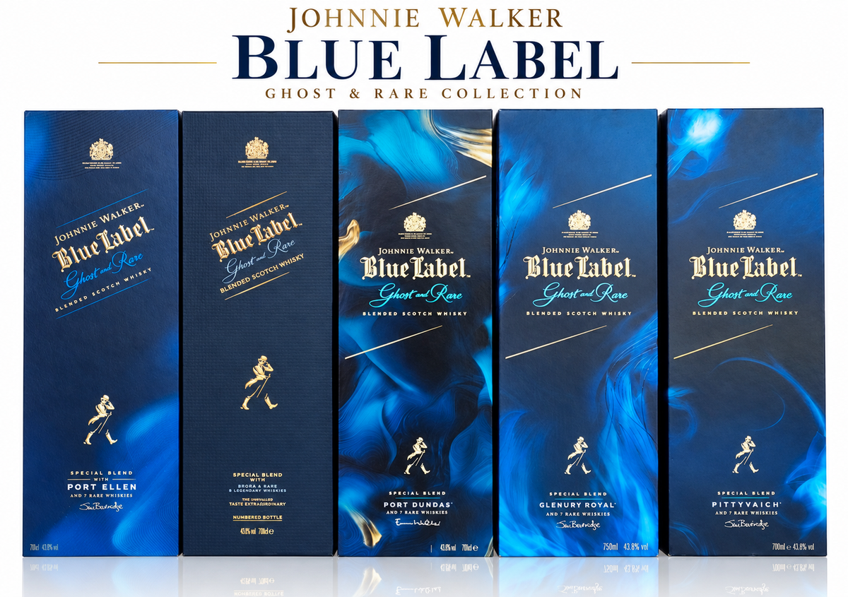 JOHNNIE WALKER BLUE LABEL GHOST AND RARE EDITION set of 5 bottles 75CL